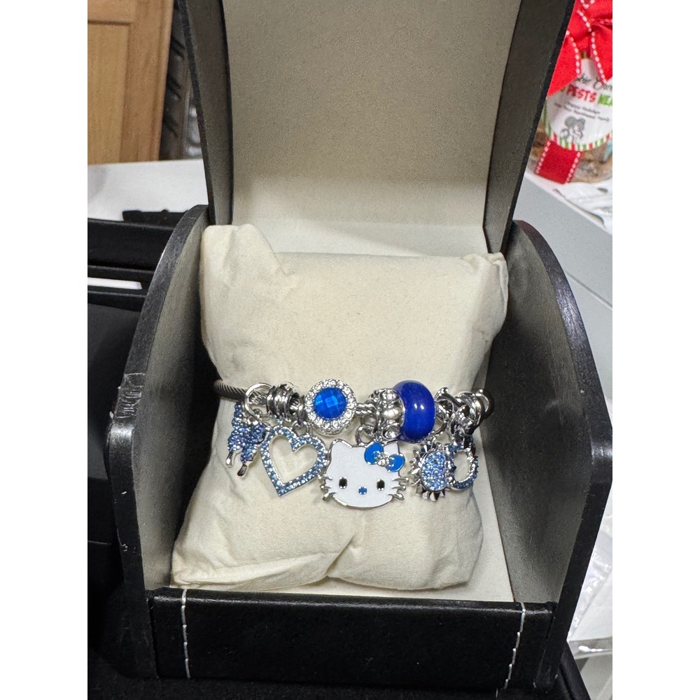 Hello Kitty Charm Bracelet Blue Rhinestone Heart Sparkle Bangle For Women